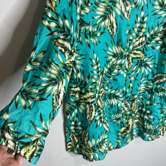 C&C linen teal tropical leaf print tunic shirt M - Picture 3 of 6